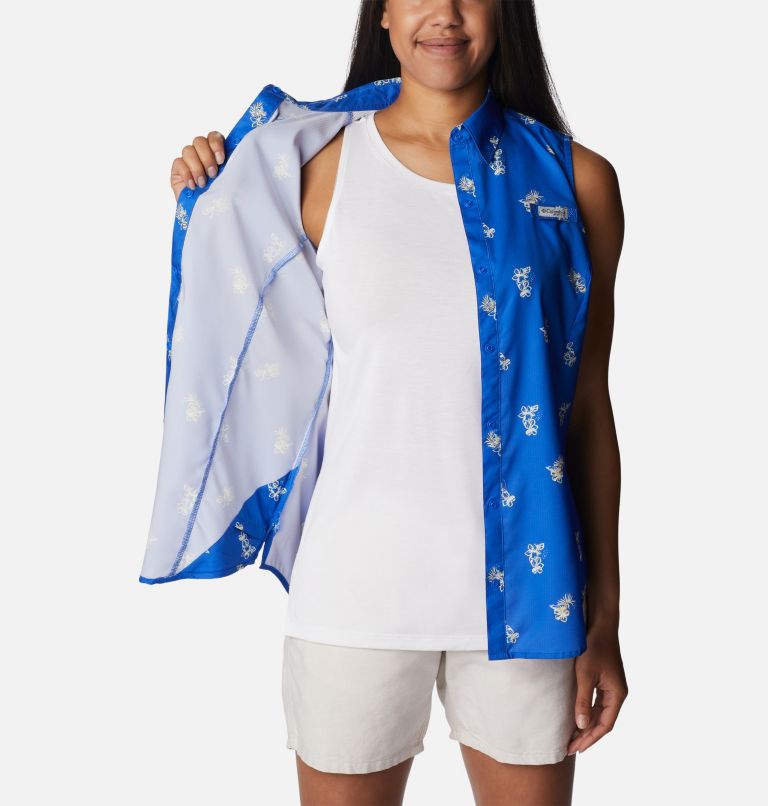 Women’s PFG Super Tamiami Sleeveless Shirt, Color: Blue Macaw Bouquet Foray, image 6