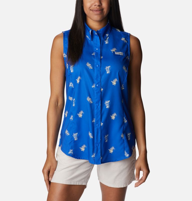 Women’s PFG Super Tamiami Sleeveless Shirt, Color: Blue Macaw Bouquet Foray, image 1