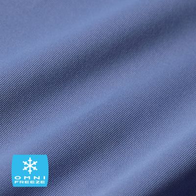 Close up of fabric with the Omni-Freeze logo in the bottom left and a graphic showing how the tech works.
