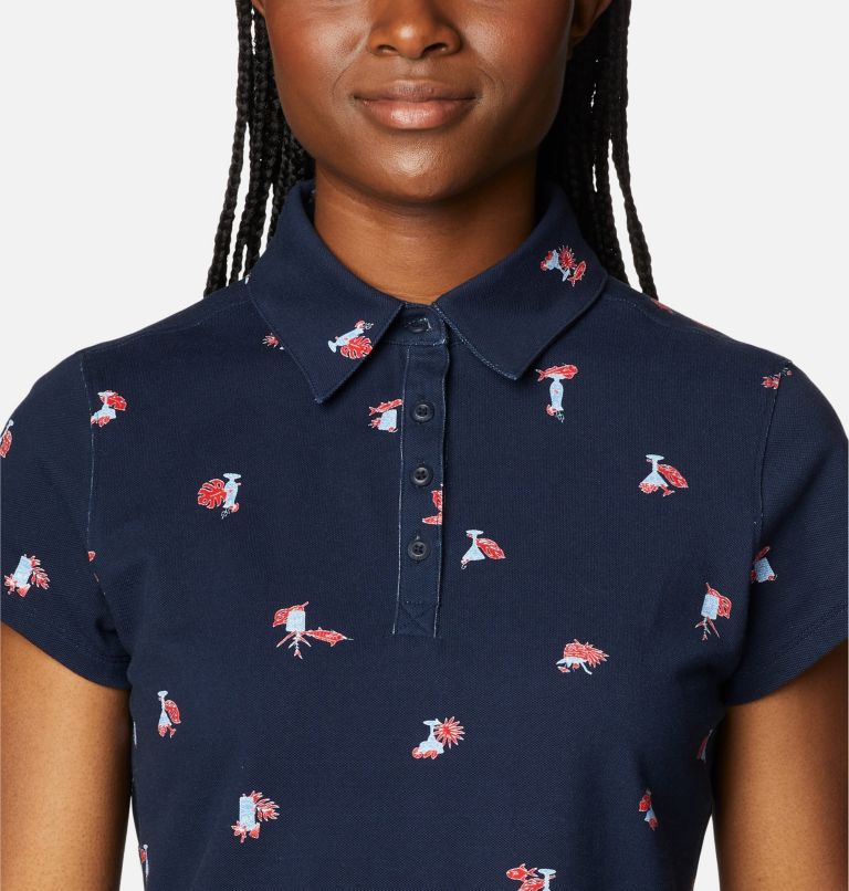 Women's PFG Super Sun Drifter Short Sleeve Polo Shirt, Color: Collegiate Navy Keys Please, image 4