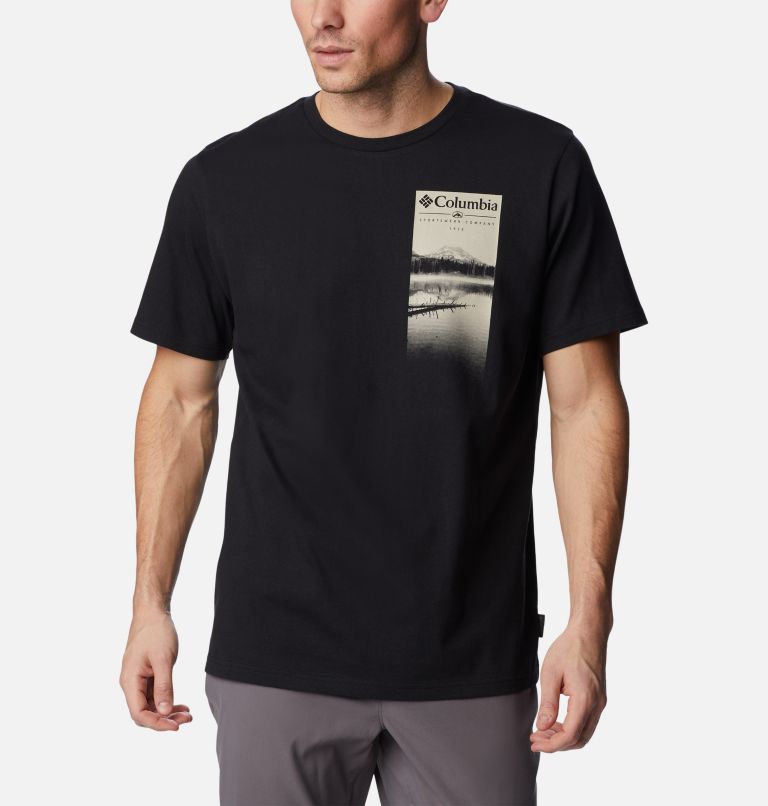 Men's Explorers Canyon Short Sleeve T-Shirt, Color: Black, Hazy Lakeside Graphic, image 1