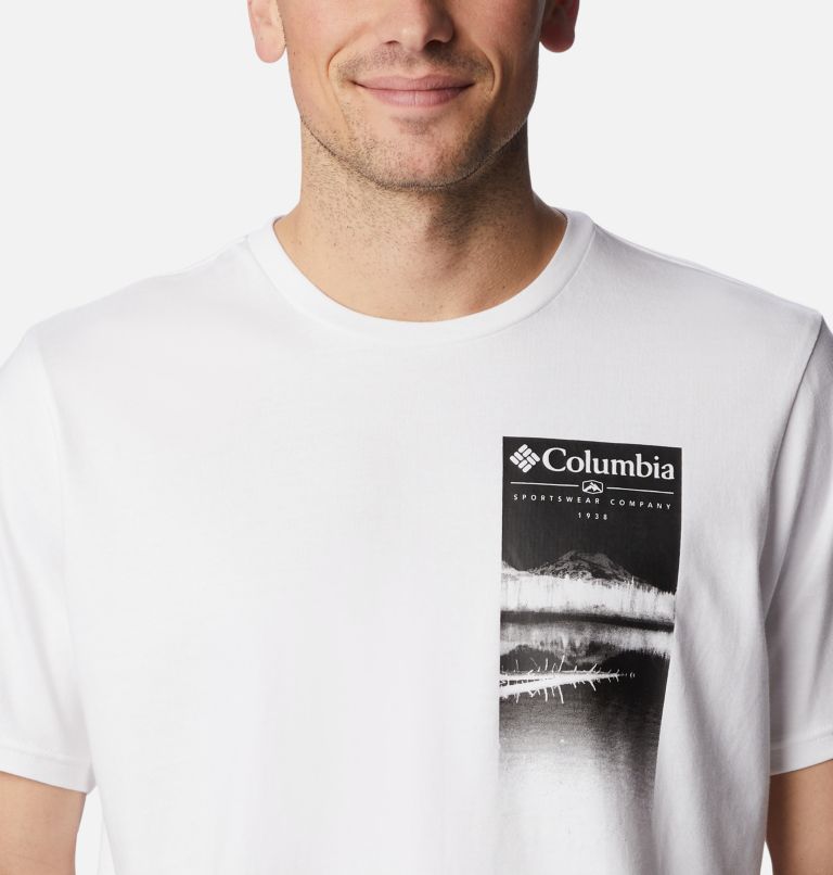 Thumbnail: Men's Explorers Canyon T-Shirt, Color: White, Hazy Lakeside Graphic, image 4