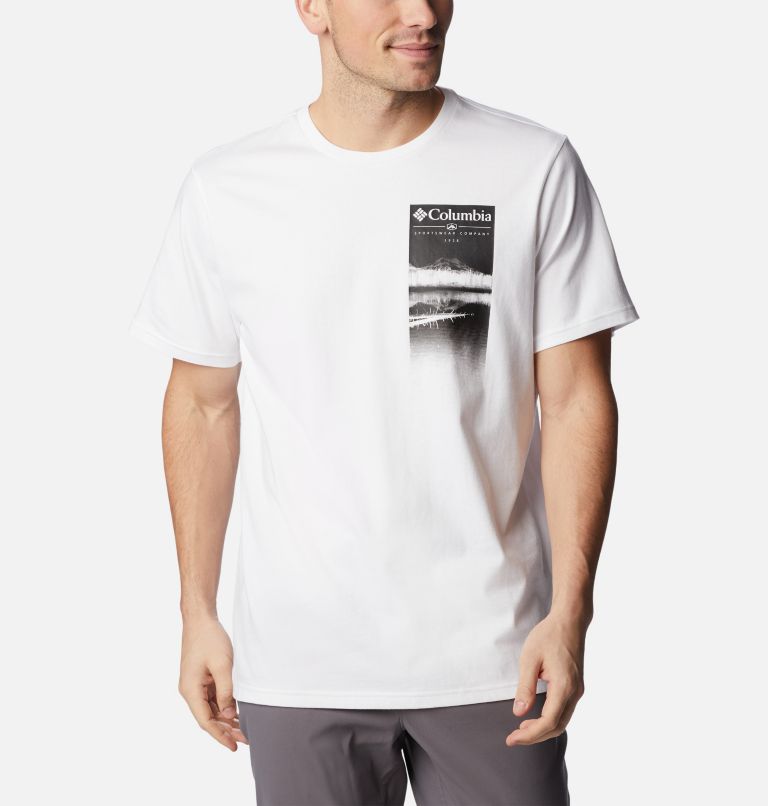 Men's Explorers Canyon T-Shirt, Color: White, Hazy Lakeside Graphic, image 1