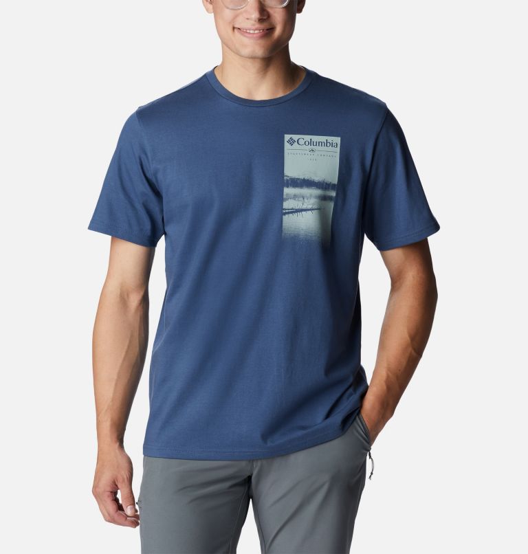 Men's Explorers Canyon T-Shirt, Color: Dark Mountain, Hazy Lakeside Graphic, image 1