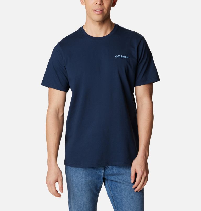 Thumbnail: Men's Explorers Canyon Back  Graphic T-Shirt, Color: Collegiate Navy, Campsite Icons Graphic, image 1