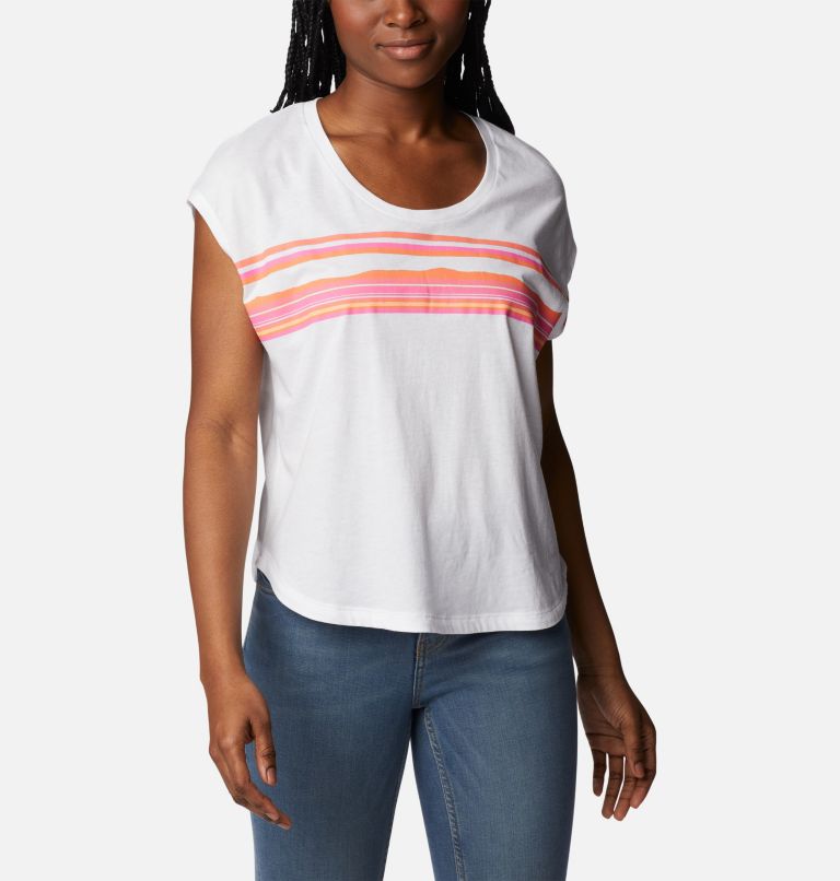 Thumbnail: Women’s Bluebird Days Modern T-Shirt, Color: White, Peaceful Perspective Graphic, image 1