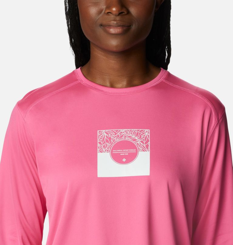 Thumbnail: Women's Summerdry Graphic Long Sleeve Shirt, Color: Wild Geranium, CSC Split Leaves Graphic, image 4