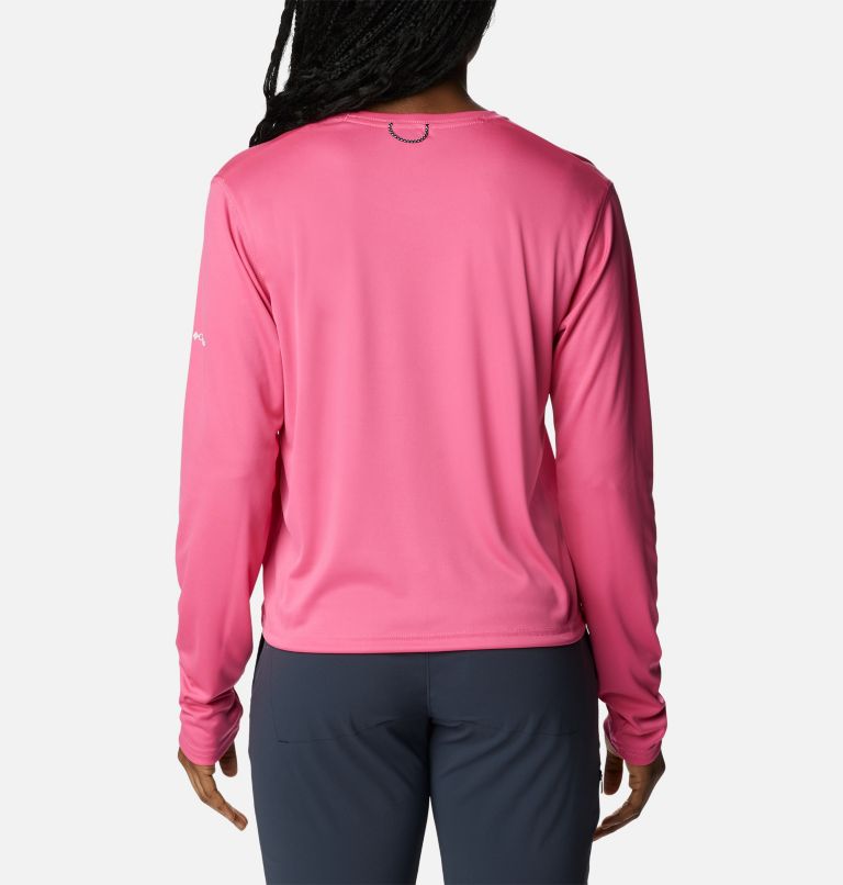 Women's Summerdry Graphic Long Sleeve Shirt, Color: Wild Geranium, CSC Split Leaves Graphic, image 2