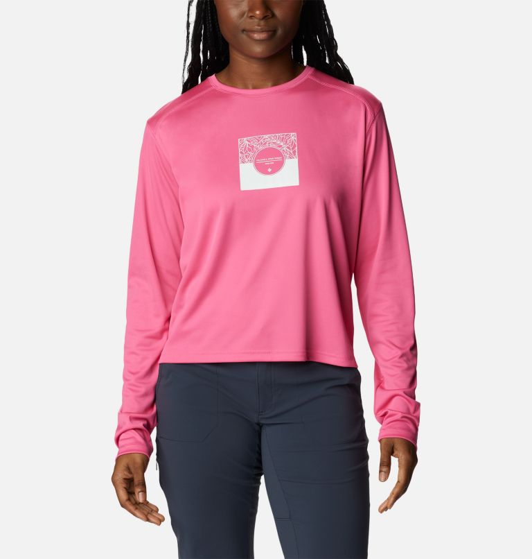 Women's Summerdry Graphic Long Sleeve Shirt, Color: Wild Geranium, CSC Split Leaves Graphic, image 1