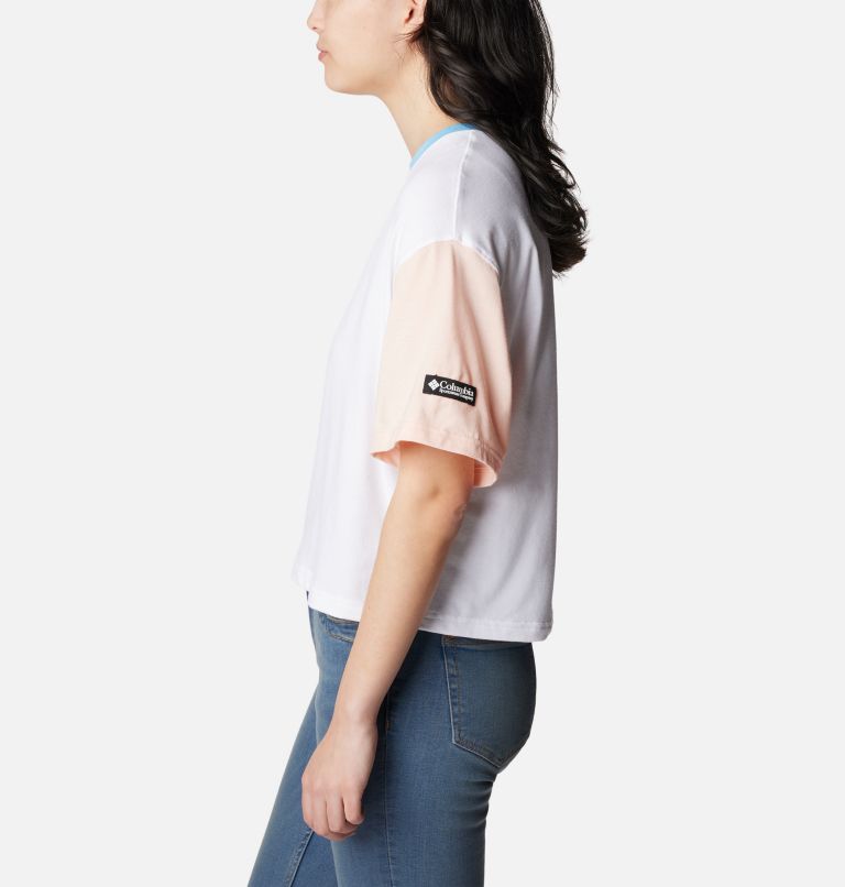 Thumbnail: Camiseta corta con bloques de color Deschutes Valley para mujer, Color: White, Vista Blue, Peach Blossom, image 3
