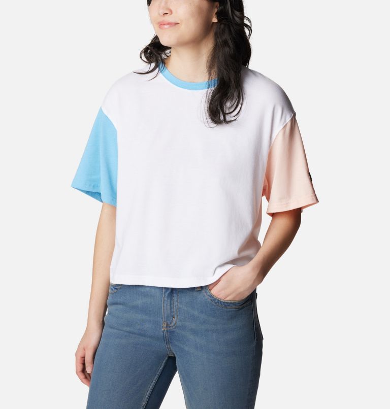 Women's Deschutes Valley Colorblock Cropped T-Shirt, Color: White, Vista Blue, Peach Blossom, image 5