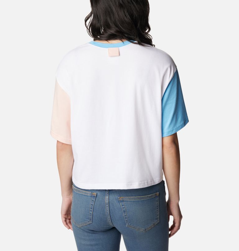 Thumbnail: Camiseta corta con bloques de color Deschutes Valley para mujer, Color: White, Vista Blue, Peach Blossom, image 2