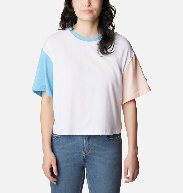 Thumbnail: Women's Deschutes Valley Cropped T-Shirt, Color: White, Vista Blue, Peach Blossom, image 1