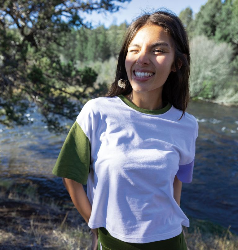 Women's Deschutes Valley Colorblock Cropped T-Shirt, Color: White, Vista Blue, Peach Blossom, image 8