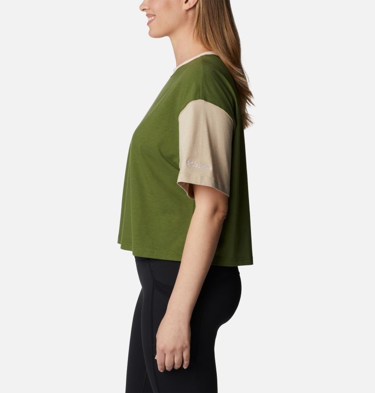 Women's Deschutes Valley Colorblock Cropped T-Shirt, Color: Pesto, Peach Blossom, Ancient Fossil, image 3