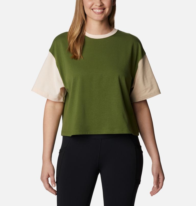 Women's Deschutes Valley Colorblock Cropped T-Shirt, Color: Pesto, Peach Blossom, Ancient Fossil, image 1