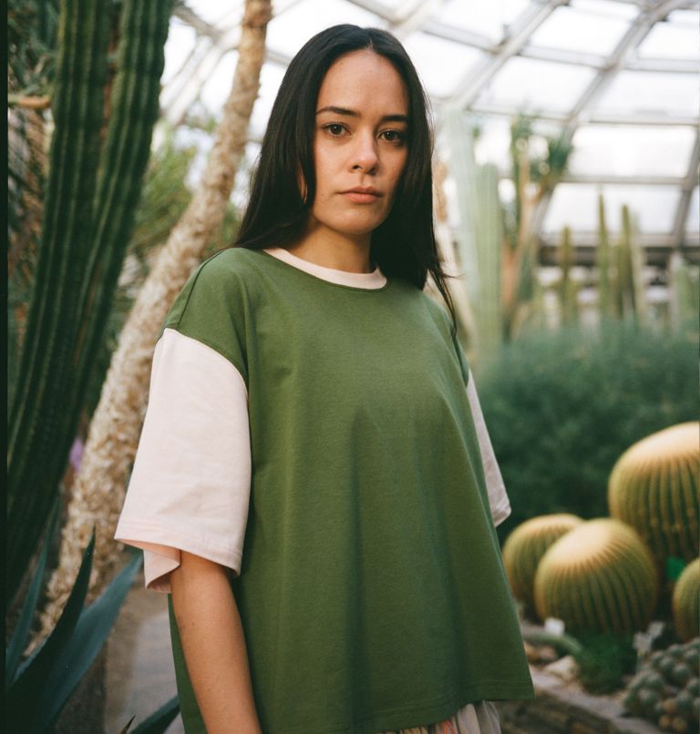 Women's Deschutes Valley Colorblock Cropped T-Shirt, Color: Pesto, Peach Blossom, Ancient Fossil, image 6