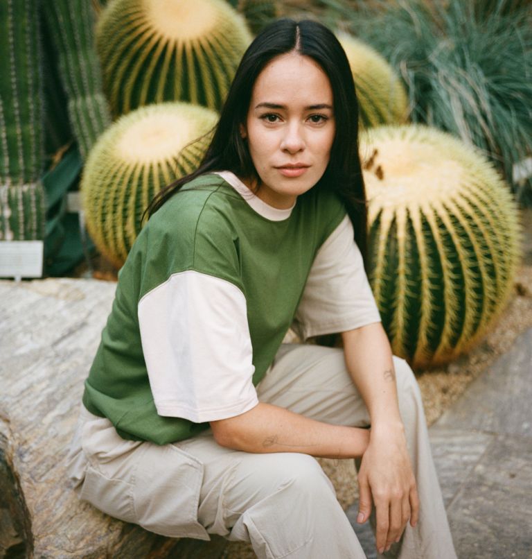 Women's Deschutes Valley Colorblock Cropped T-Shirt, Color: Pesto, Peach Blossom, Ancient Fossil, image 7