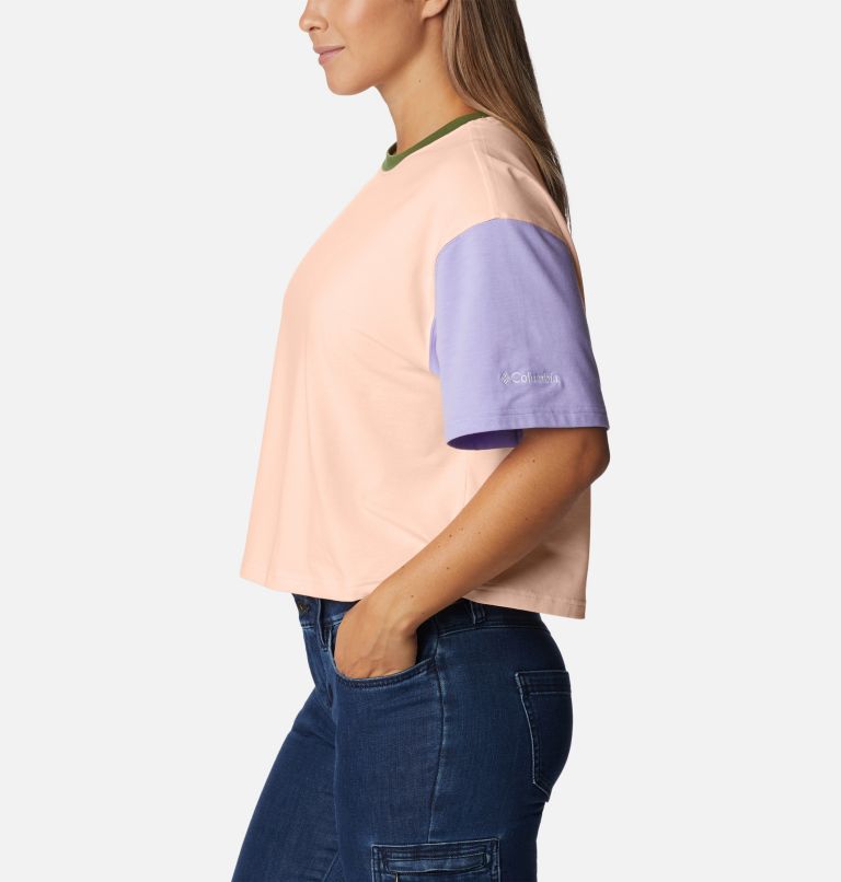 Women's Deschutes Valley Cropped T-Shirt, Color: Peach Blossom, Pesto, Frosted Purple, image 3
