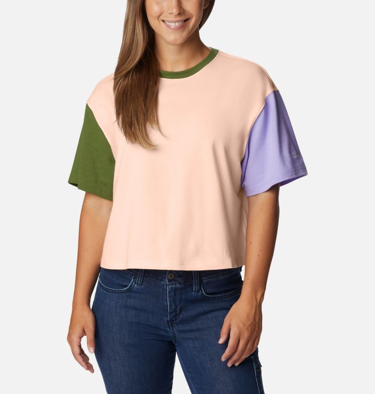 Thumbnail: Women's Deschutes Valley Cropped T-Shirt, Color: Peach Blossom, Pesto, Frosted Purple, image 1