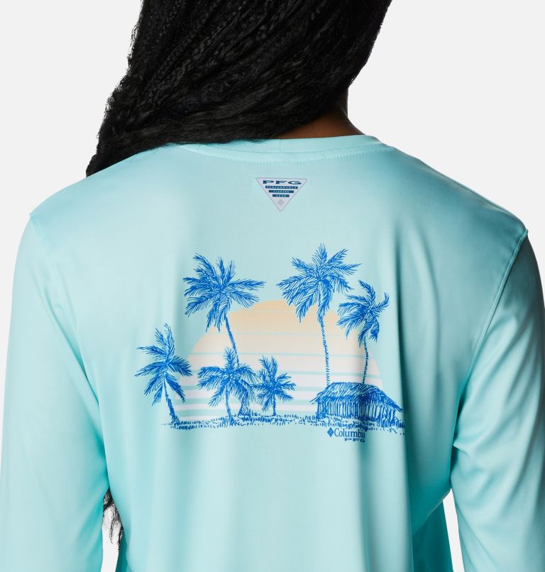 Women’s PFG Tidal Tee Palapa Palms Long Sleeve Shirt, Color: Gulf Stream, Palapa Palms, image 5