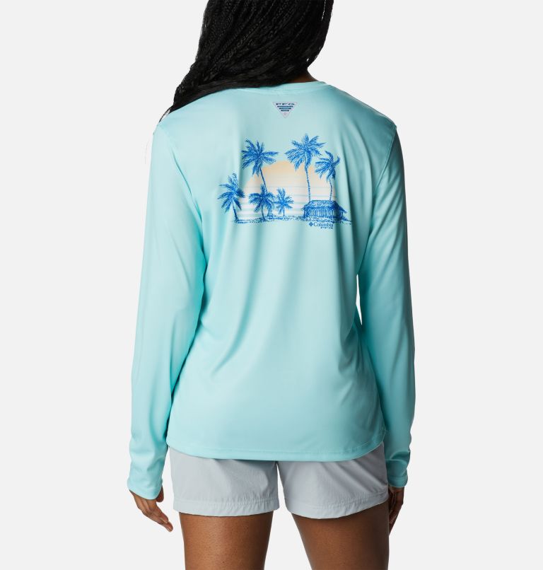 Thumbnail: Women’s PFG Tidal Tee Palapa Palms Long Sleeve Shirt, Color: Gulf Stream, Palapa Palms, image 1