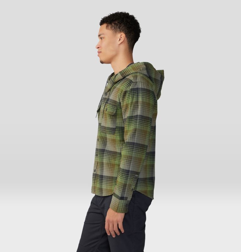 Men's Dusk Creek Long Sleeve Hooded Shirt, Color: Combat Green Glass House Plaid, image 3