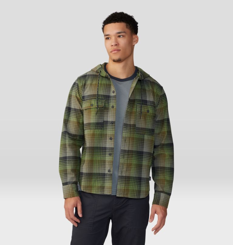Men's Dusk Creek Long Sleeve Hooded Shirt, Color: Combat Green Glass House Plaid, image 5