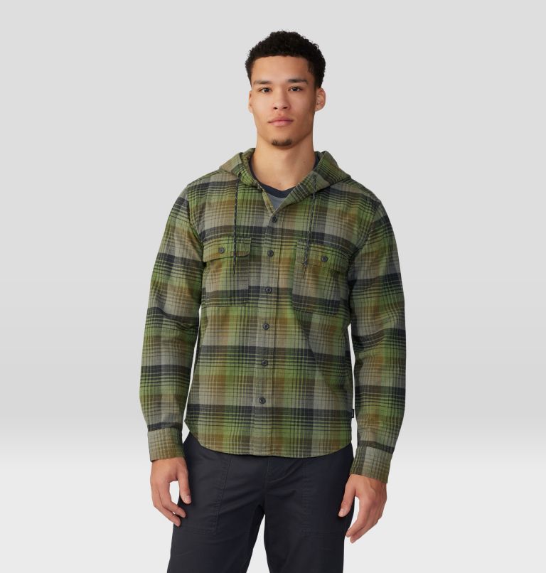 Thumbnail: Men's Dusk Creek Long Sleeve Hooded Shirt, Color: Combat Green Glass House Plaid, image 6