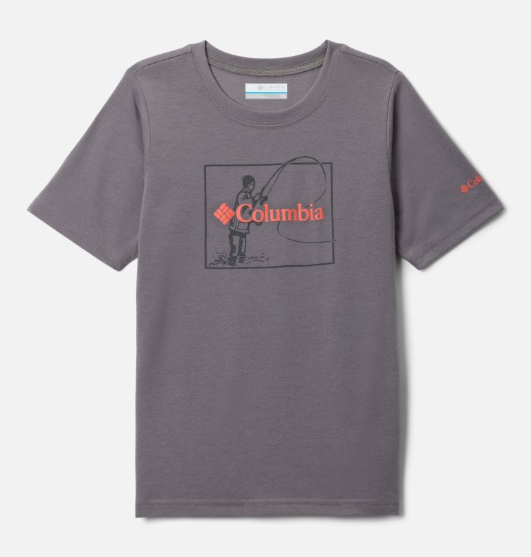 Boys' La Poudre Pass Short Sleeve T-Shirt, Color: City Grey, Fly Fish Fun, image 1