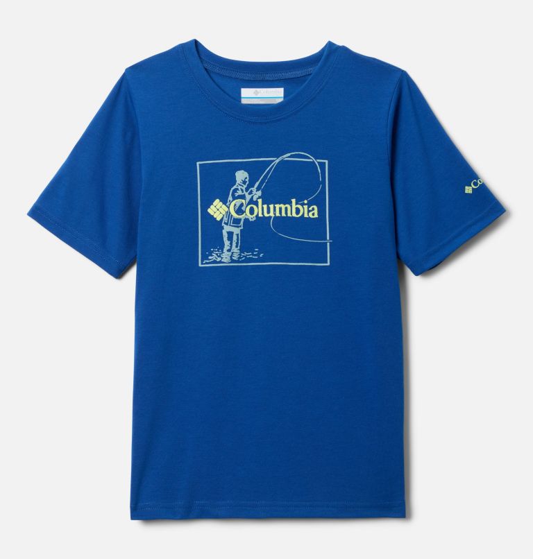 Boys' La Poudre Pass Short Sleeve T-Shirt, Color: Mountain Blue, Fly Fish Fun, image 1
