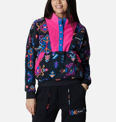 Wintertrainer Half Snap Fleece-Pullover f&uuml;r Frauen, Color: Black Woven Nature Print, Fuchsia Fizz