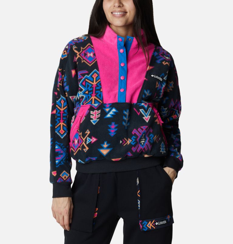 Thumbnail: Women's Wintertrainer Fleece Pullover, Color: Black Woven Nature Print, Fuchsia Fizz, image 1