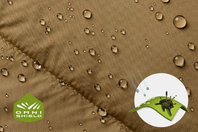 Close up of fabric with the Omni Shield logo in the bottom left and a graphic showing how moisture beads on the fabric's surface.