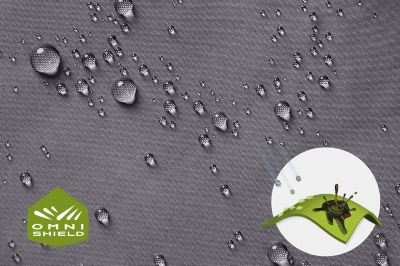 Close up of fabric with the Omni Shield logo in the bottom left and a graphic showing how moisture beads on the fabric's surface.