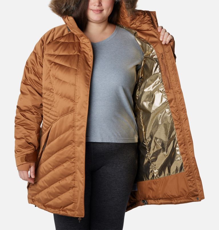 Manteau mi-long Lay D Down III pour femmes – Grandes tailles, Color: Camel Brown Satin, image 5