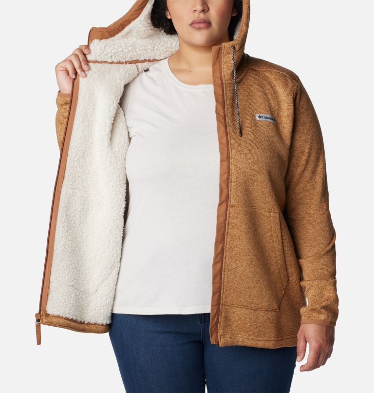 Manteau avec capuchon et fermeture éclair en sherpa Sweater Weather pour femmes – Grandes tailles, Color: Camel Brown Heather, image 5