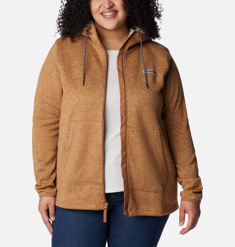Manteau avec capuchon et fermeture éclair en sherpa Sweater Weather pour femmes – Grandes tailles, Color: Camel Brown Heather, image 7