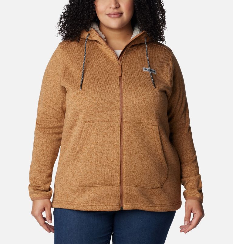 Thumbnail: Women's Sweater Weather Sherpa Full Zip Hooded Jacket - Plus Size, Color: Camel Brown Heather, image 1