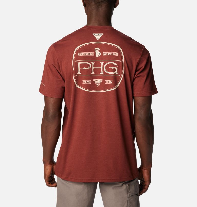 Thumbnail: Men's PHG Seasonal Short Sleeve Tech T-Shirt, Color: Red Rocks, Dark Stone Dog Graphic, image 1