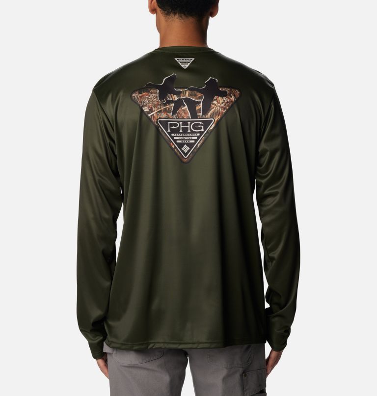 Thumbnail: Men's PHG Terminal Shot Camo Triangle Long Sleeve Shirt, Color: Surplus Green, RT Max5 Waterfowl, image 3