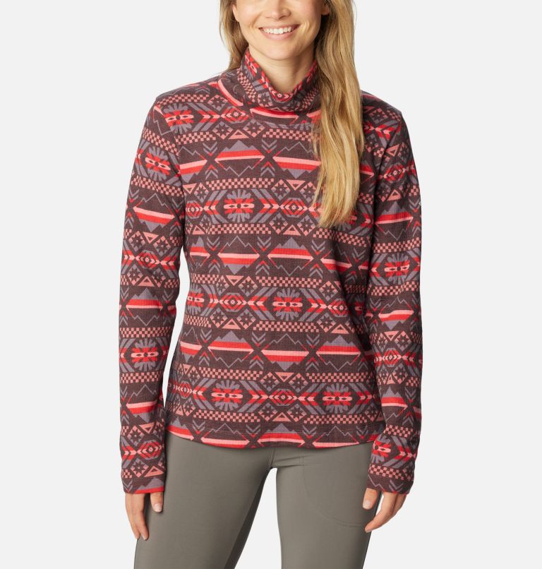 Women's Holly Hideaway Funnel Neck Long Sleeve Shirt, Color: Red Lily Checkered Peaks, image 1