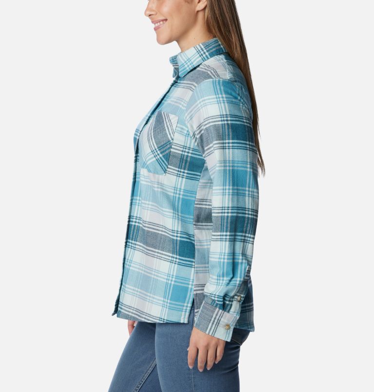 Women's Calico Basin Flannel Long Sleeve Shirt, Color: Aqua Haze Dimensional Buffalo, image 3