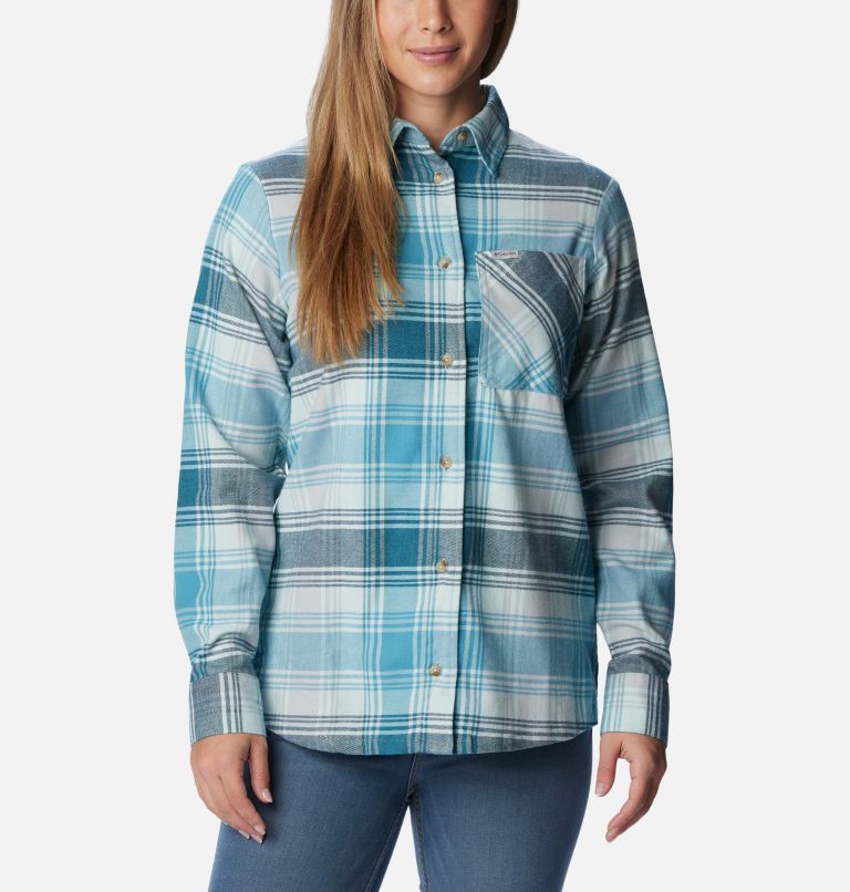 Women's Calico Basin Flannel Long Sleeve Shirt, Color: Aqua Haze Dimensional Buffalo, image 1