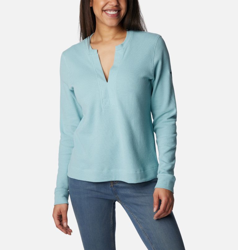 Denim & Co. Essentials Waffle Knit Split Neck Long Sleeve Top