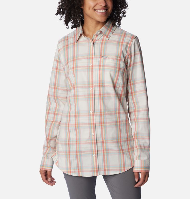 Women's Anytime Patterned Long Sleeve Shirt, Color: Sunset Peach CSC Tartan, image 1