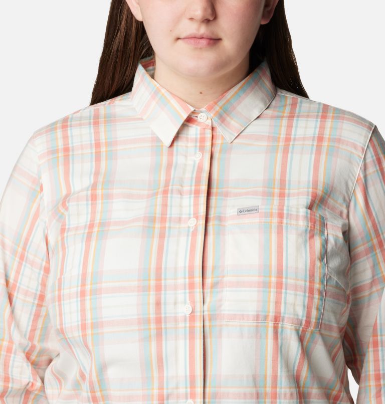 Thumbnail: Women's Anytime Patterned Long Sleeve Shirt - Plus Size, Color: Sunset Peach CSC Tartan, image 4