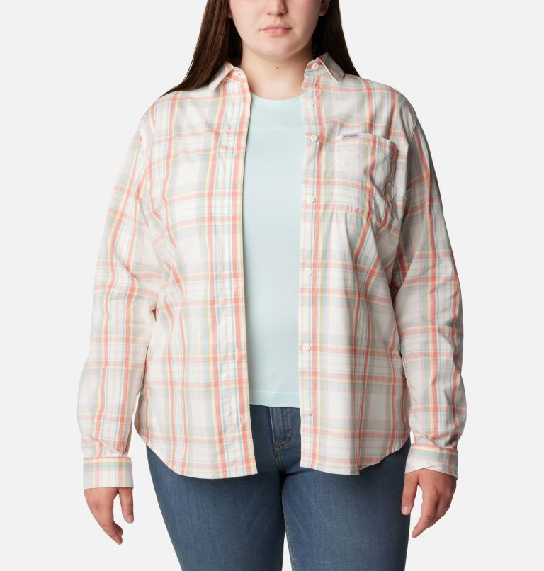 Thumbnail: Women's Anytime Patterned Long Sleeve Shirt - Plus Size, Color: Sunset Peach CSC Tartan, image 6