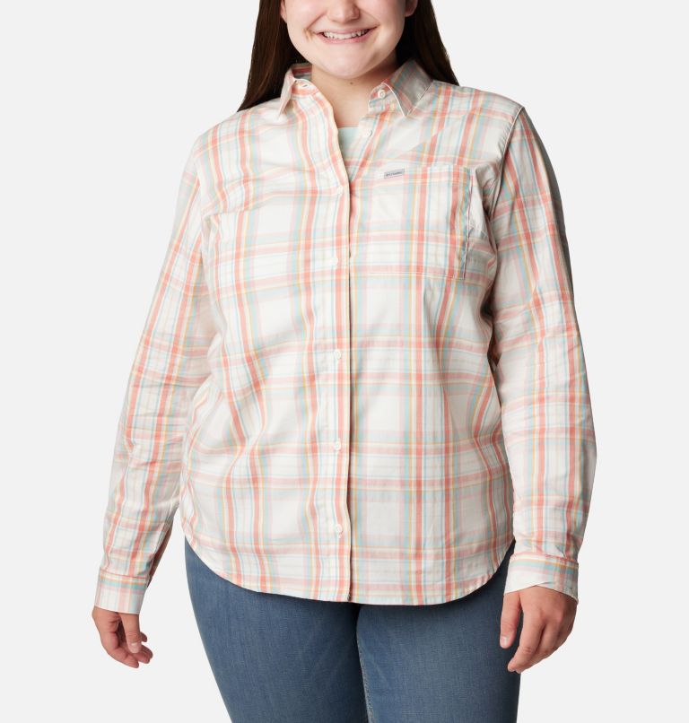 Thumbnail: Women's Anytime Patterned Long Sleeve Shirt - Plus Size, Color: Sunset Peach CSC Tartan, image 1