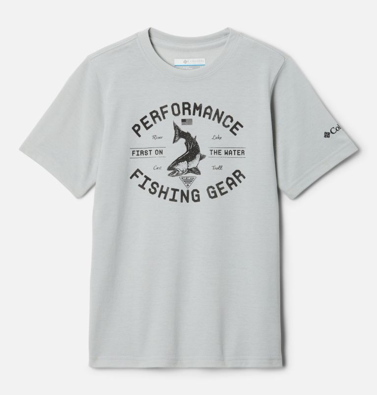 Boys' PFG Short Sleeve Seasonal Graphic T-Shirt, Color: Cool Grey, Black Castaway Trout, image 1